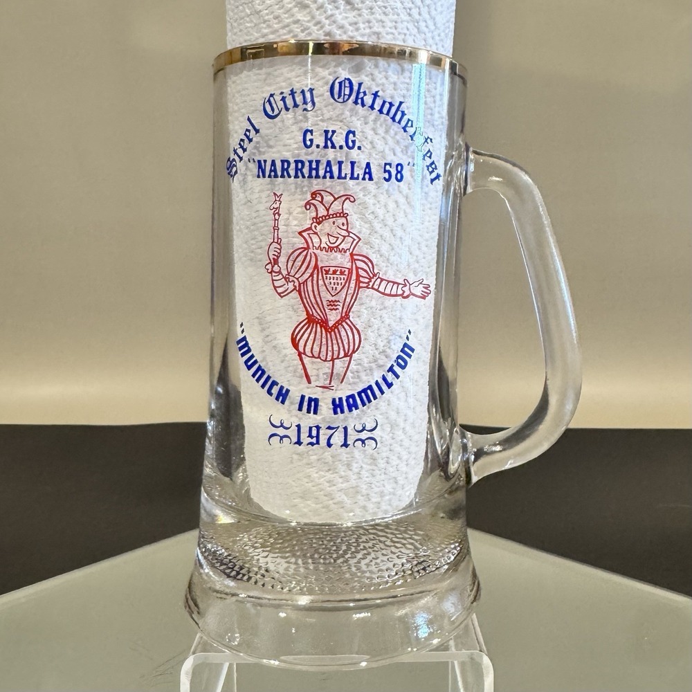 Vintage 1971 Gold Rim Clear Glass Weighted Textured Base Oktoberfest‎ Beer Mug